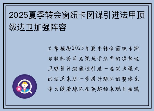 2025夏季转会窗纽卡图谋引进法甲顶级边卫加强阵容