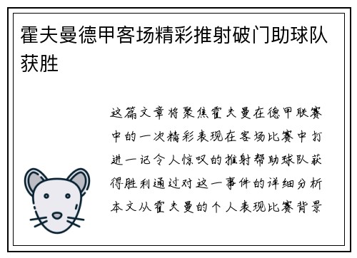霍夫曼德甲客场精彩推射破门助球队获胜